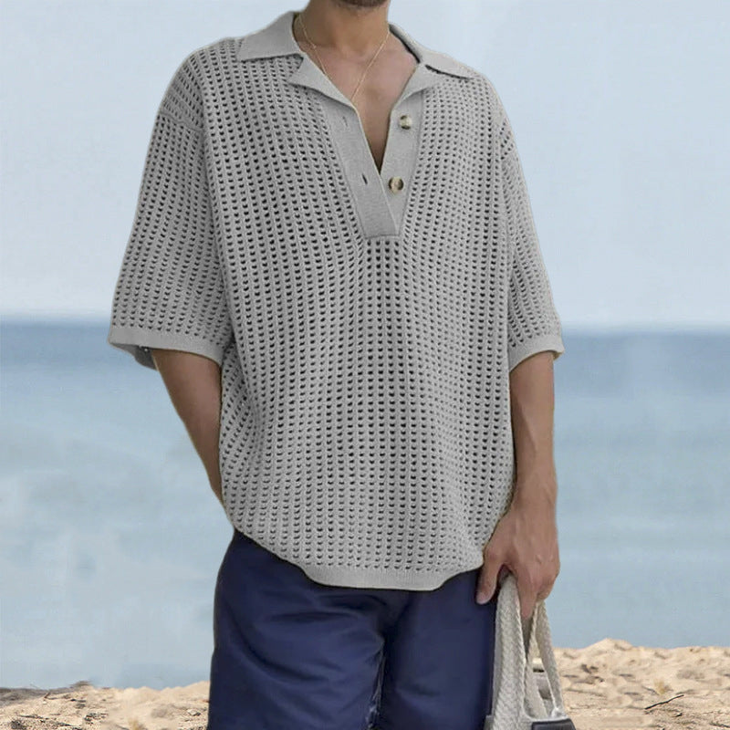 Men’s Knit Sweater – Open Knit – Oversized Fit – Notched Lapel – Short Sleeve Casual