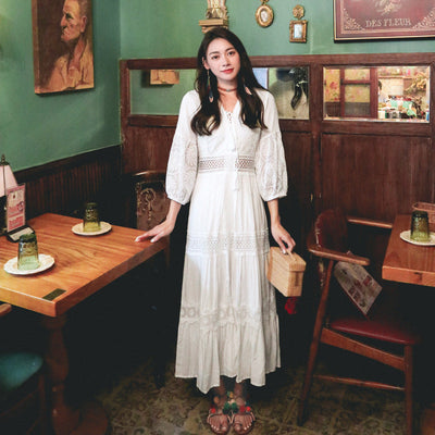 Women's Maxi Lace Dress - Bohemian Style - Puff Sleeves - Embroidered Design