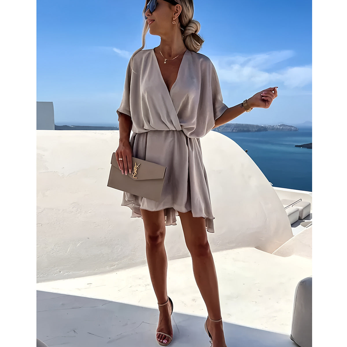 Women’s Batwing Sleeve Dress – Relaxed Fit – Twist Front – Asymmetrical Hemline