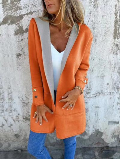 Women’s Hooded Cardigan – Knit Fabric – Relaxed Fit – Contrast Trim – Patch Pockets