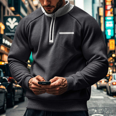 Men’s Sweatshirt – Regular Fit – Zip Neck – Stand-Up Collar – Cotton Blend – Chest Pocket