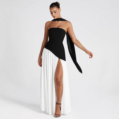Women’s Strapless Evening Dress – Asymmetrical Bodice – Flowy Skirt – Side Slit
