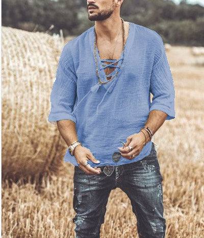 Men’s Casual Shirt – Relaxed Fit – Lace-Up V-Neck – 3/4 Sleeve – Linen Blend