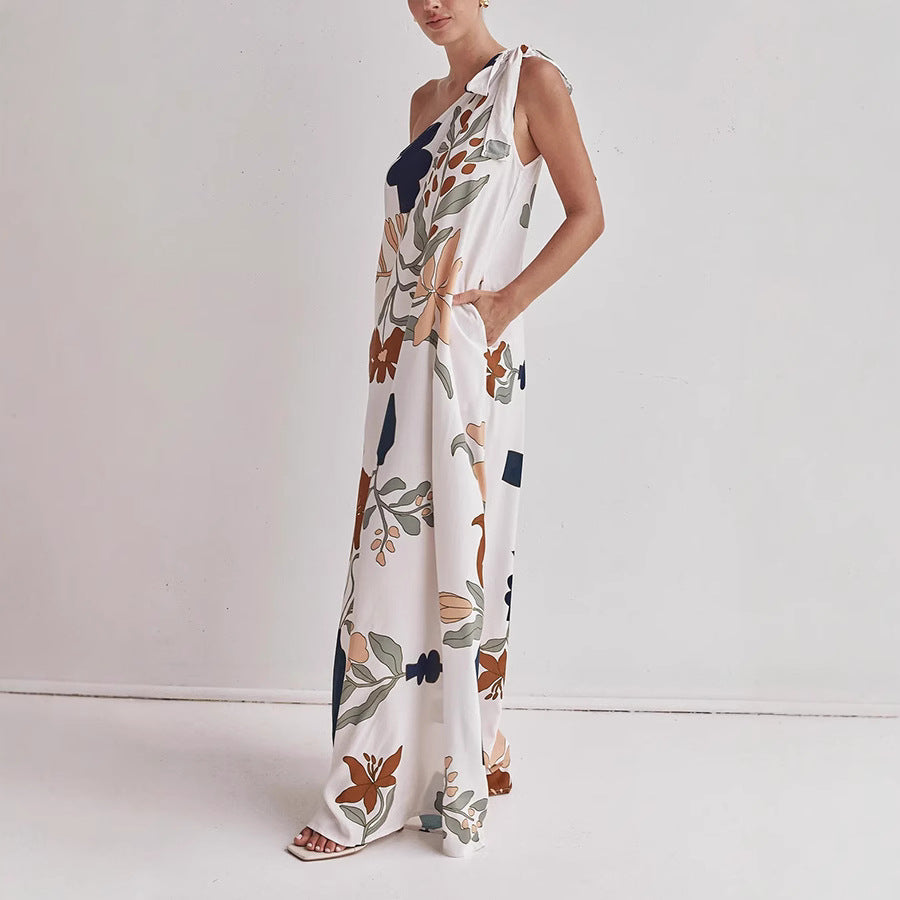 Women’s One-Shoulder Dress – Full Length – Loose Fit Cotton – Artistic Print Draped