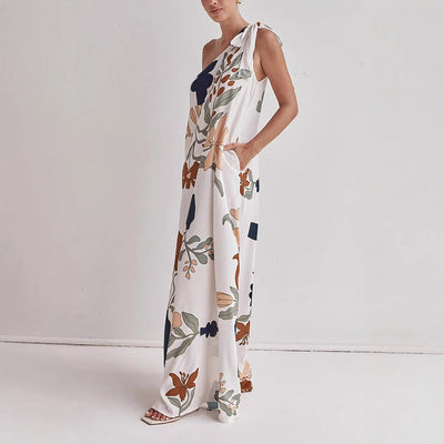 Women’s One-Shoulder Dress – Full Length – Loose Fit Cotton – Artistic Print Draped