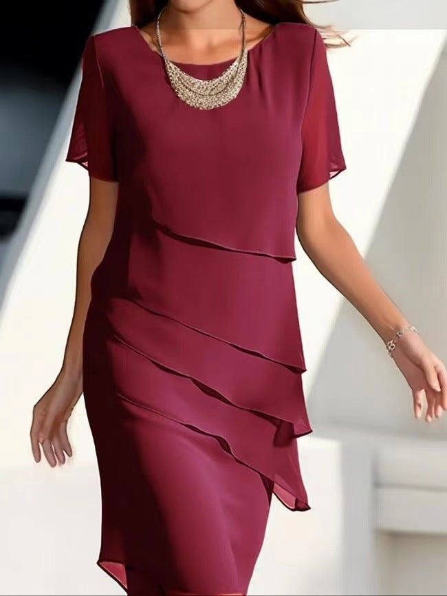 Women's Elegant Layered Dress - Short Sleeves - Flattering A-Line Silhouette