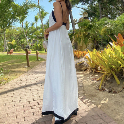 Women’s Maxi Dress – Loose Fit – V-Neck – Thin Straps – Contrast Detail – Flowy Hem