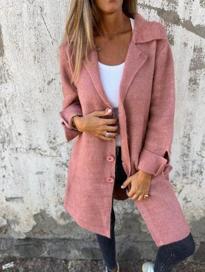 Women’s Mid-Length Coat – Relaxed Fit – Wool Feel – Lapel Collar – Single-Breasted