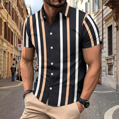 Men’s Button-Up Shirt – Slim Fit – Cotton – Vertical Stripe – Short Sleeve Casual