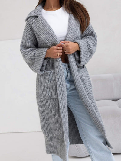Women’s Long Knit Coat – Wool Blend – Oversized Fit – Hooded Open Front with Pockets