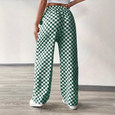 Women’s Trousers – Wide Leg – Relaxed Fit – Checkered Print – Elastic Waist Drawstring