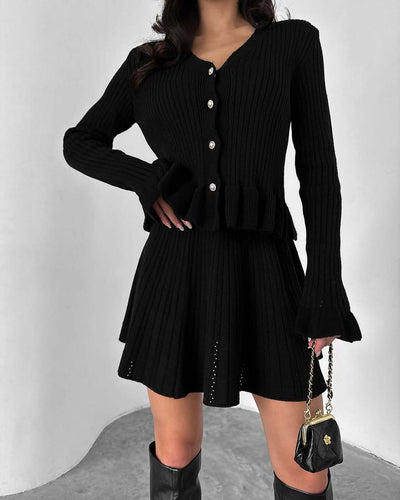Women’s Knit Set – V-Neck Button Top – Ribbed Texture – Flared Mini Skirt