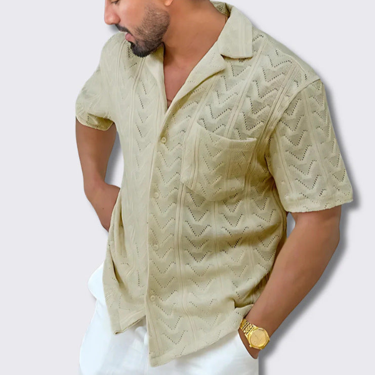 Men’s Knit Shirt – Jacquard Texture – Relaxed Fit – Short Sleeve Casual Collar