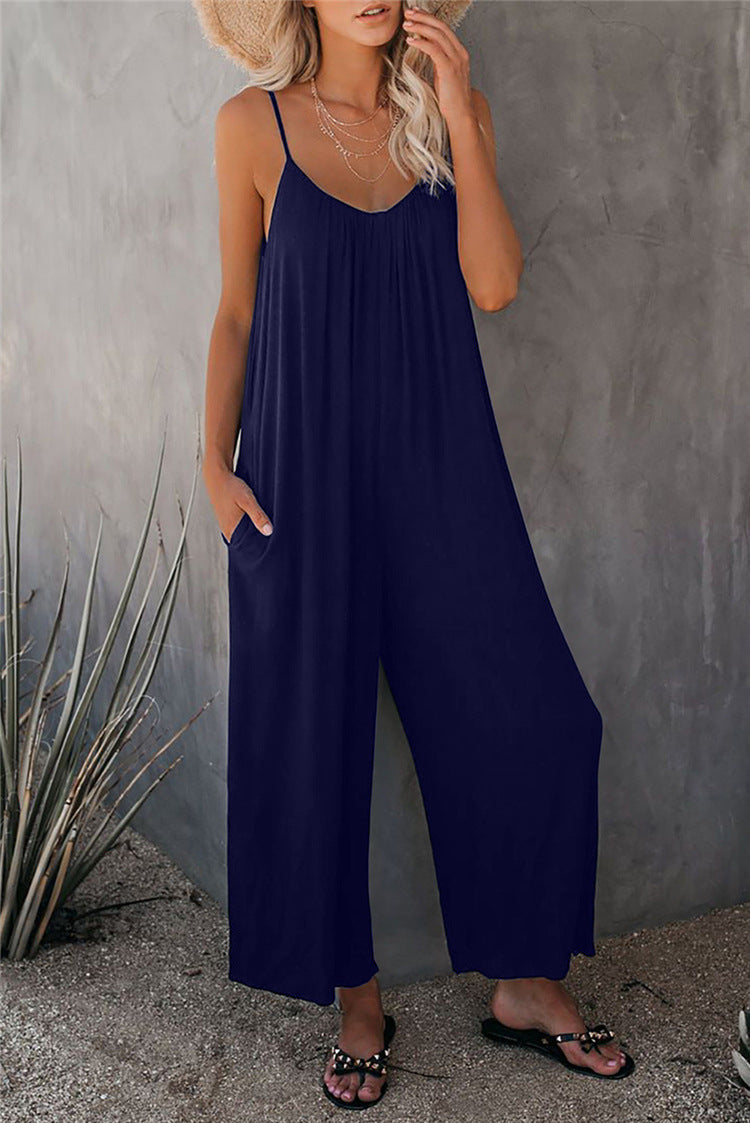Women’s Jumpsuit – Relaxed Fit – Cotton Blend – Spaghetti Straps – Full Length – Pockets