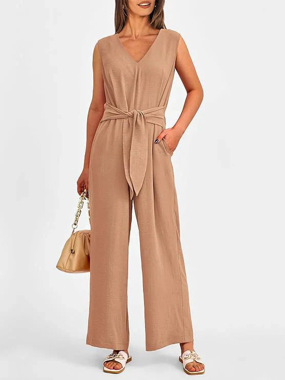 Women’s Jumpsuit – Wide Leg – V-Neck – Sleeveless – Waist Tie – Lightweight Fit