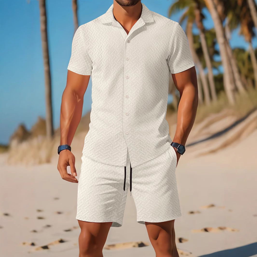 Men’s Shirt and Shorts Set – Slim Fit – Embossed – Lightweight Cotton – Casual Wear