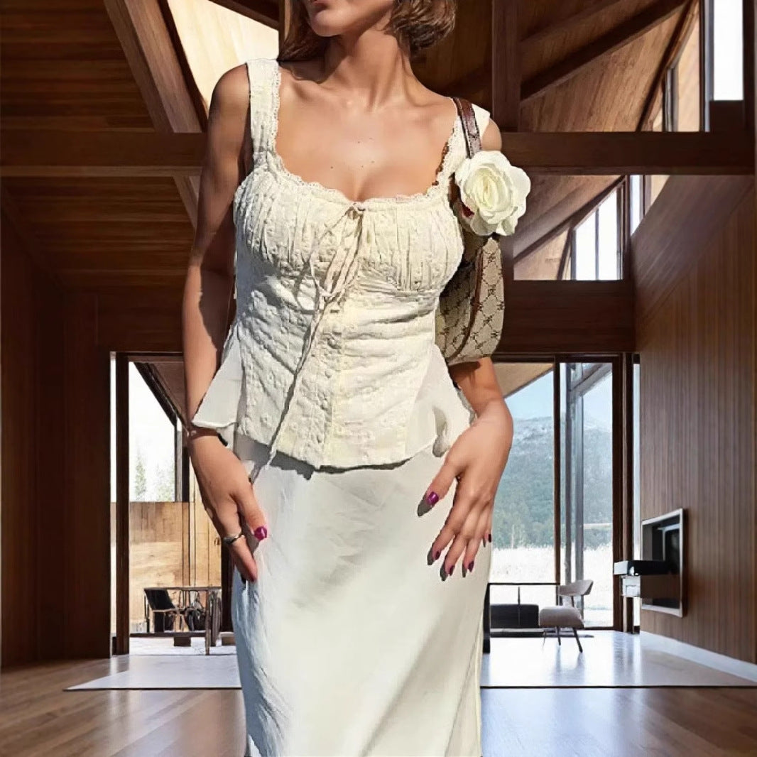 Women’s Lace Top and Skirt Set – Off-Shoulder – Slim Fit – Formal Peplum Design