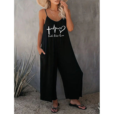 Women’s Jumpsuit – Relaxed Fit – Wide Leg – Deep V-Neck – Spaghetti Straps – Pockets