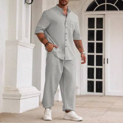 Men’s Casual Set – Cotton Linen Blend – Relaxed Fit – Button-Down Shirt & Trousers
