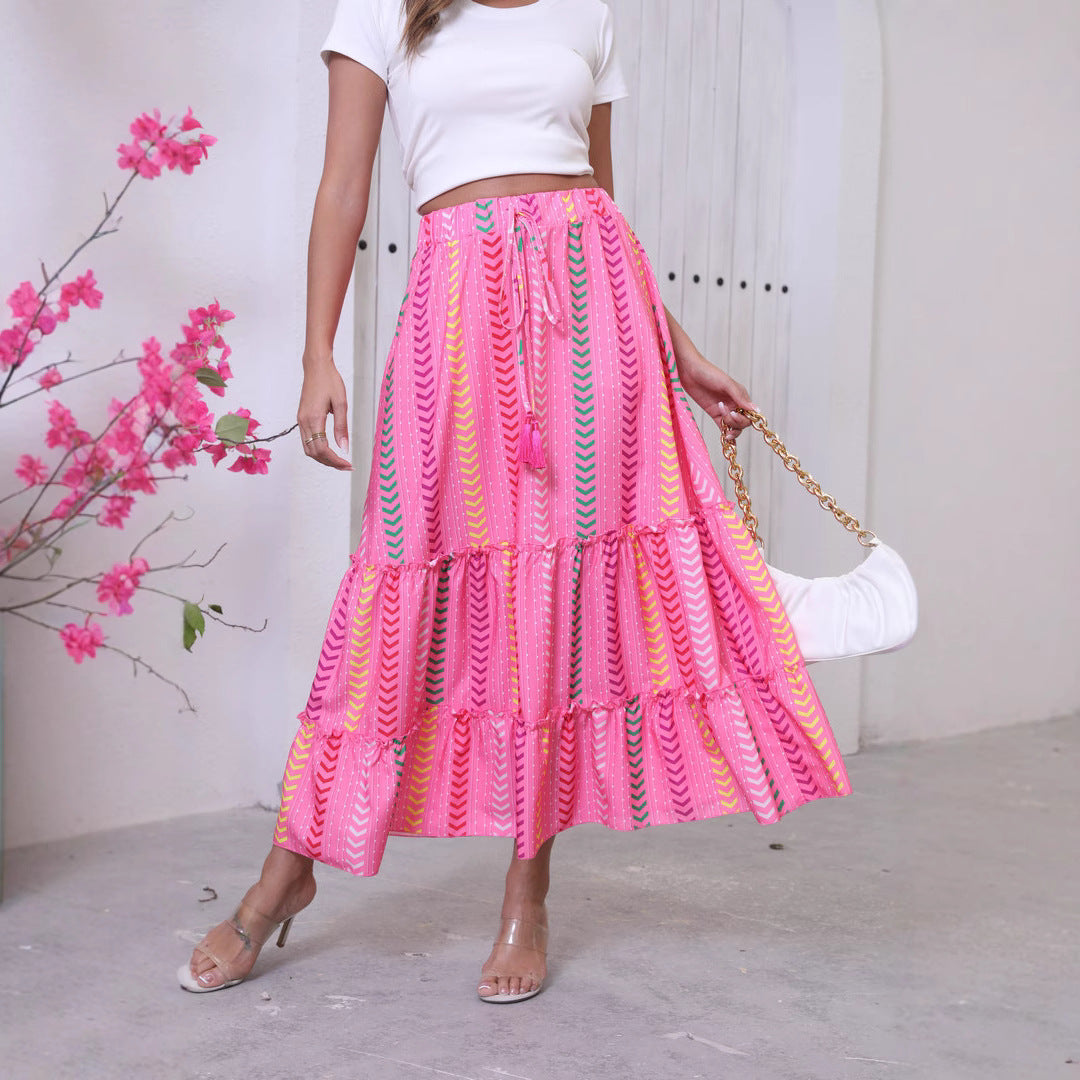 Women’s Maxi Skirt – Tiered Boho Style – Fringe Waist – Relaxed Fit – Cotton Fabric