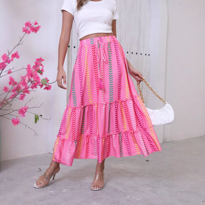 Women’s Maxi Skirt – Tiered Boho Style – Fringe Waist – Relaxed Fit – Cotton Fabric