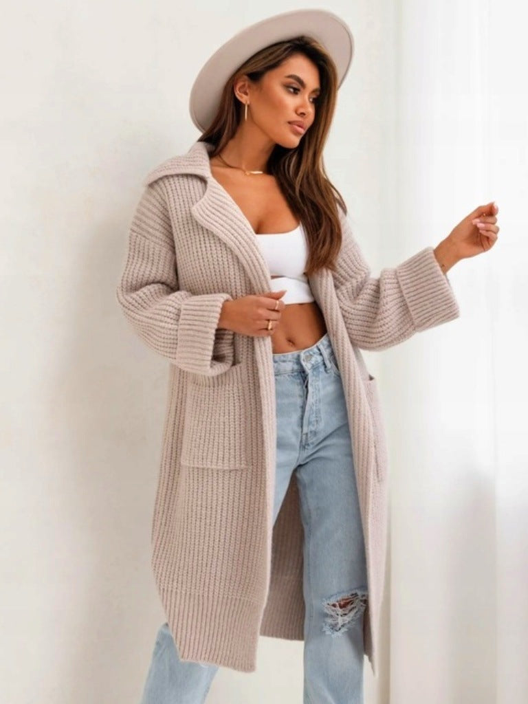 Women’s Long Knit Coat – Wool Blend – Oversized Fit – Hooded Open Front with Pockets