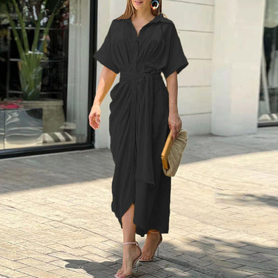 Women's Dress - Button-Down Shirt Dress - Waist Tie - Short Sleeves