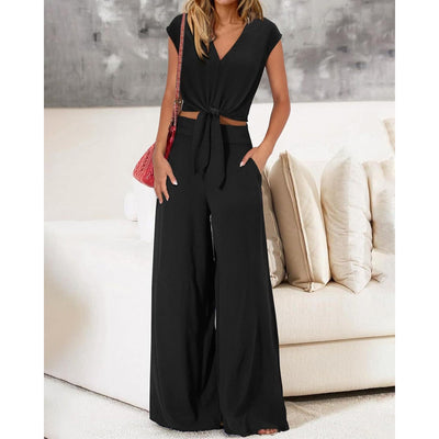 Women’s 2-Piece Set – V-Neck Tie Front Crop Top – High-Waist Wide-Leg Pants