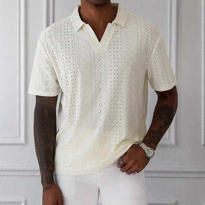 Men’s T-Shirt – Relaxed Fit – V-Neck – Knitted Jacquard – Breathable Lace Texture