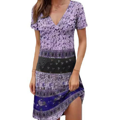 Women’s Mini Dress – Relaxed Fit – Deep V-Neck – Short Sleeve Boho Patchwork Cotton