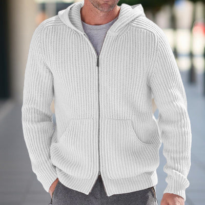 Men’s Knit Cardigan – Hooded – Relaxed Fit – Zipper Front – Ribbed Texture – Casual