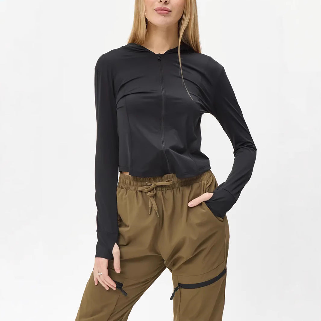 Women’s Hooded Top – Slim Fit – Cropped Length – Lightweight Stretch Long Sleeve