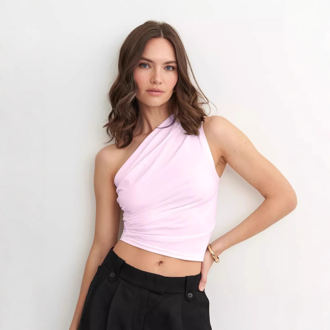 Women’s One-Shoulder Crop Top – Slim Fit – Ruched Side – Stretch Cotton Blend
