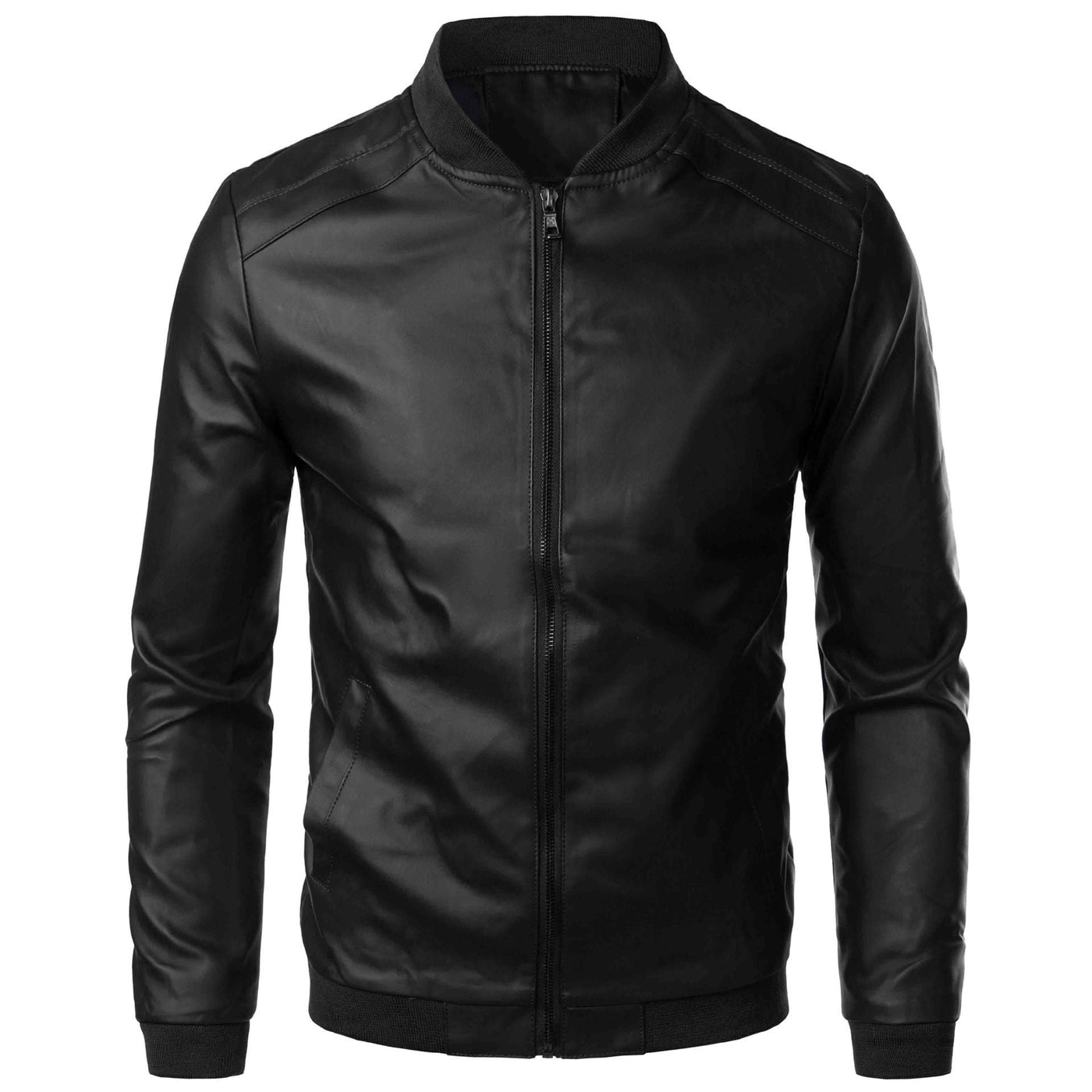 Men’s Leather Jacket – Slim Fit – Smooth Finish – Stand Collar – Zipper Front