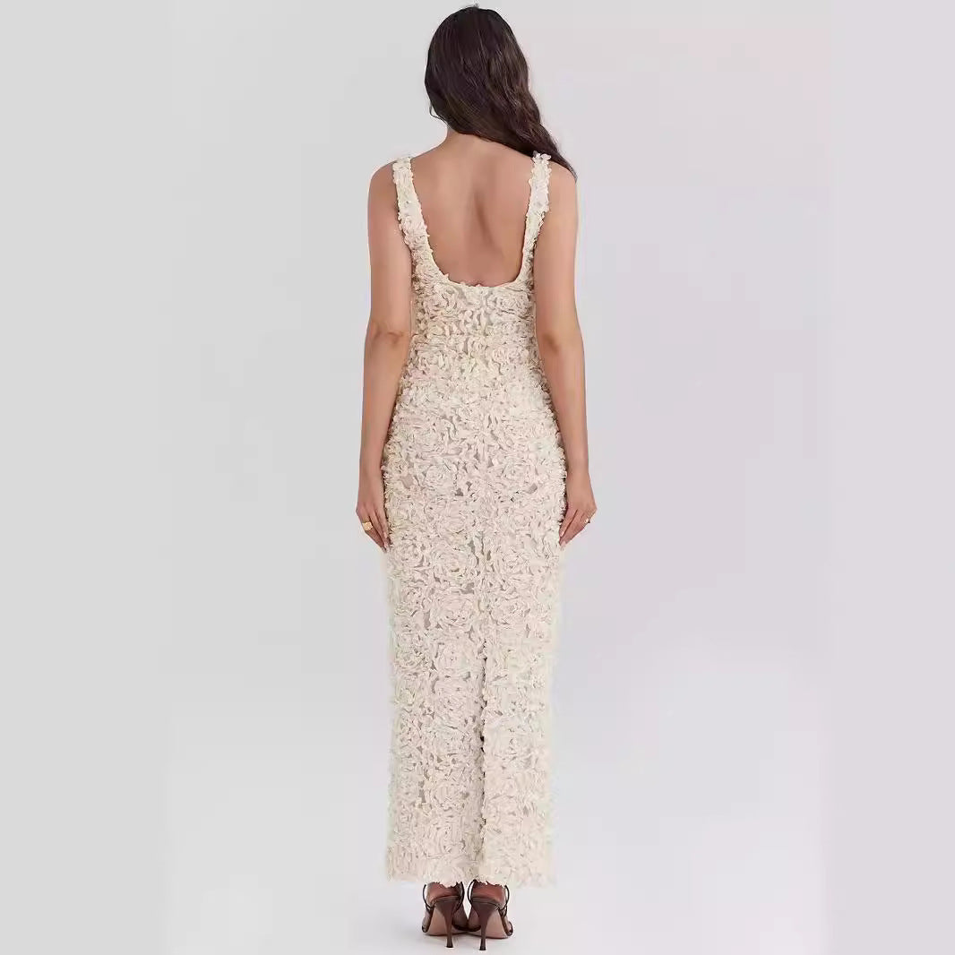 Women’s Evening Dress – Slim Fit – 3D Floral Texture – Plunging Neckline – Sleeveless – Ankle Length