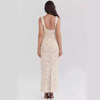 Women’s Evening Dress – Slim Fit – 3D Floral Texture – Plunging Neckline – Sleeveless – Ankle Length