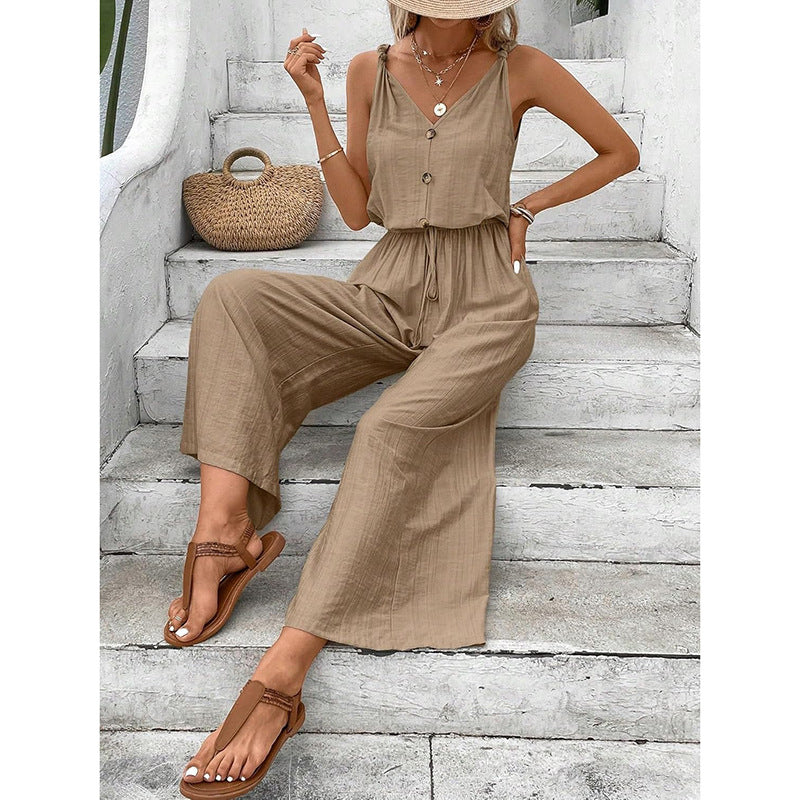 Women’s Jumpsuit – Cotton Blend – Sleeveless Wide Leg – Button Front Relaxed Fit