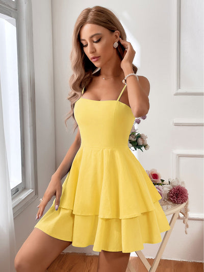 Women’s Sleeveless Mini Dress – Fitted Bodice – Tiered Flared Skirt – Backless – Spaghetti Straps