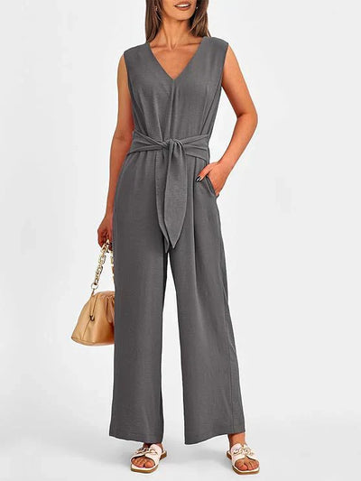 Women’s Jumpsuit – Wide Leg – V-Neck – Sleeveless – Waist Tie – Lightweight Fit