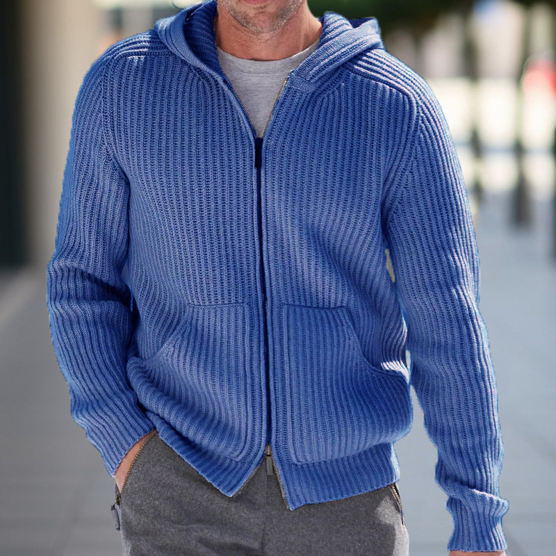 Men’s Knit Cardigan – Hooded – Relaxed Fit – Zipper Front – Ribbed Texture – Casual