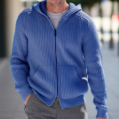 Men’s Knit Cardigan – Hooded – Relaxed Fit – Zipper Front – Ribbed Texture – Casual