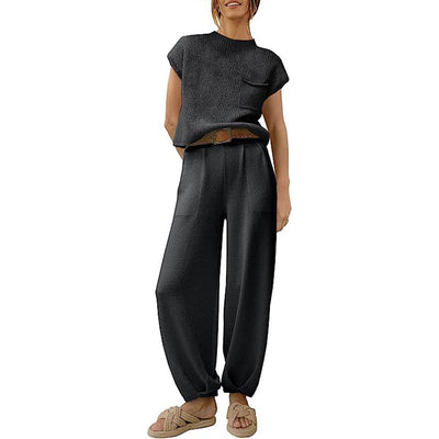 Women’s Knit Sweater Set – Cropped Short Sleeve Top – High Waist Relaxed Pants