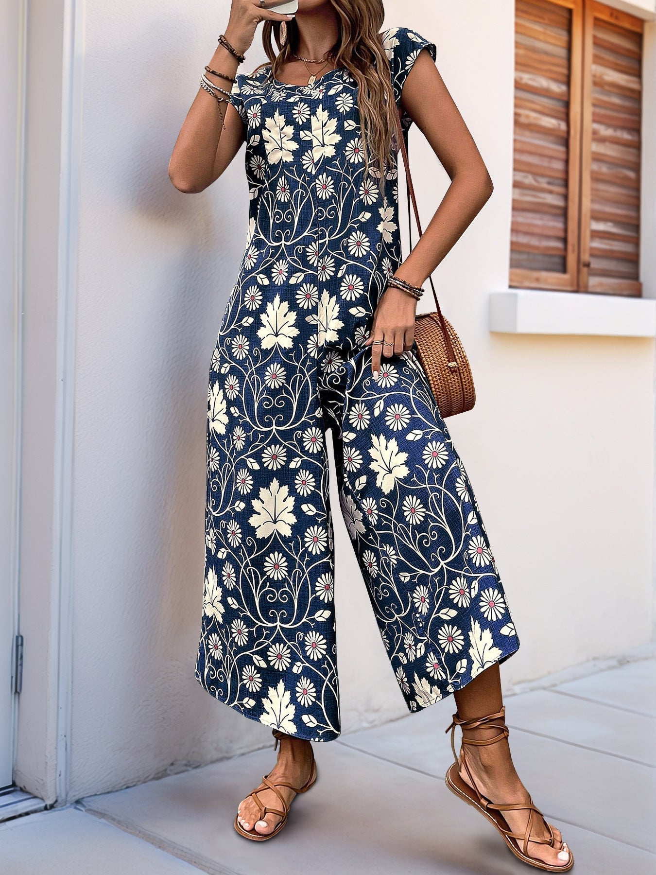 Women’s Jumpsuit – Relaxed Fit – Wide Leg – Short Sleeve – Floral Cotton Blend