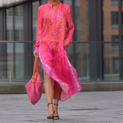 Women’s Midi Dress – Relaxed Fit – V-Neck – Long Sleeve – Animal Print – Pockets