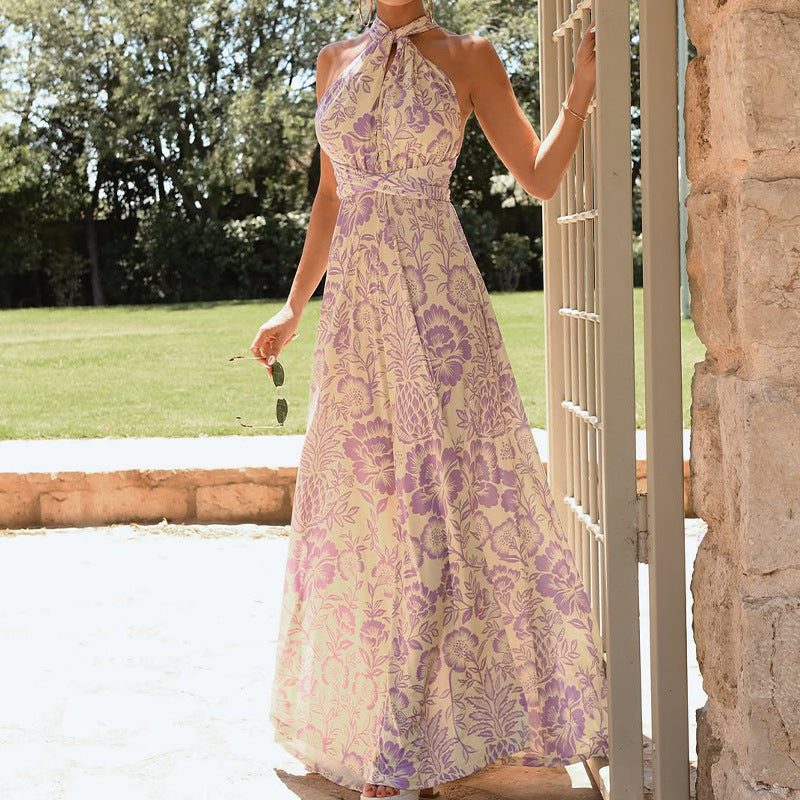 Women’s Halter Neck Dress – Full Length – Floral Print – Backless – Flowy Fit