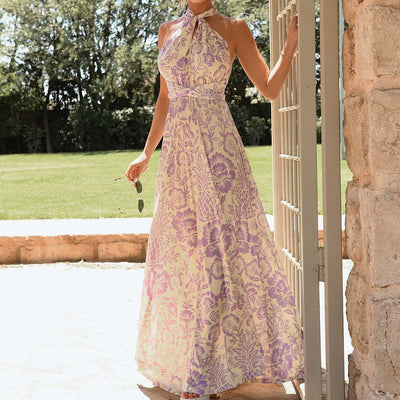 Women’s Halter Neck Dress – Full Length – Floral Print – Backless – Flowy Fit