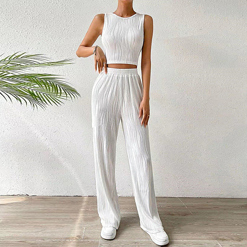 Women’s Two-Piece Set – Ribbed Sleeveless Crop Top – High-Waist Straight-Leg Pants