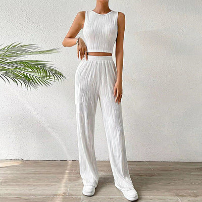 Women’s Two-Piece Set – Ribbed Sleeveless Crop Top – High-Waist Straight-Leg Pants
