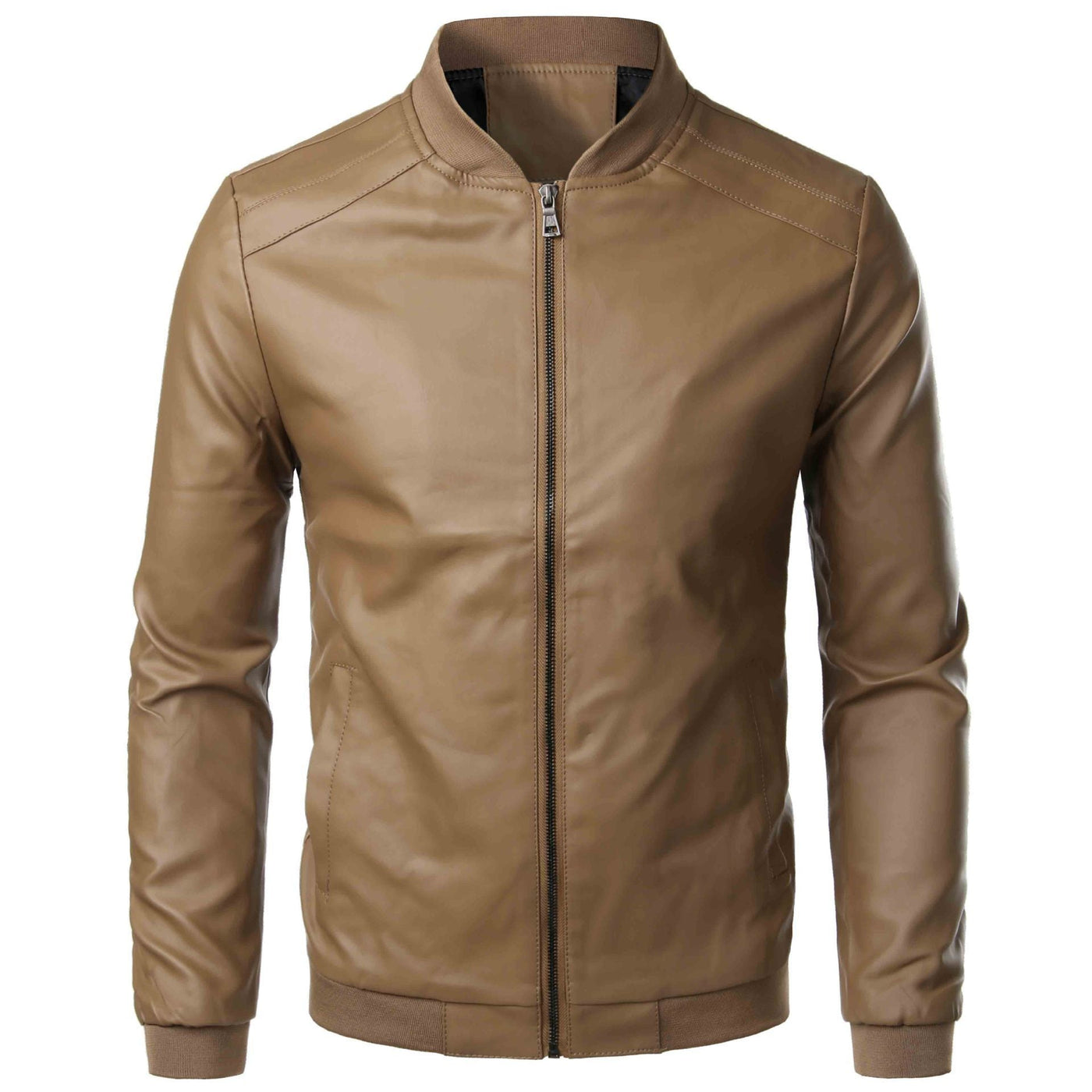 Men’s Leather Jacket – Slim Fit – Smooth Finish – Stand Collar – Zipper Front