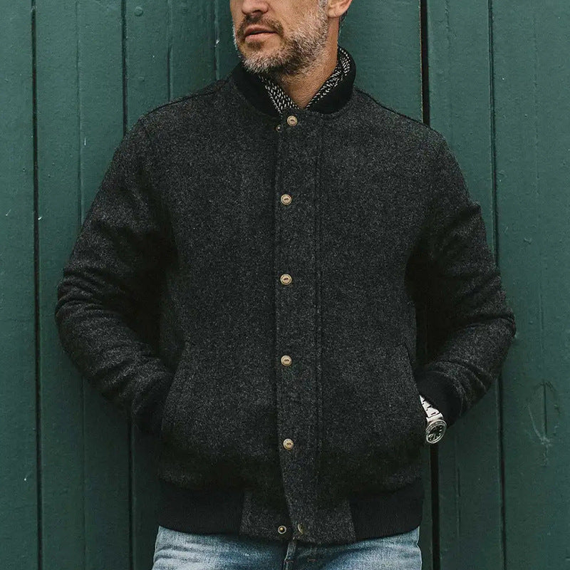 Men’s Bomber Jacket – Wool Blend – Relaxed Fit – Ribbed Trim – Button Front Casual